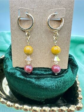 Handmade Gemstone Earrings - 18K Gold Plated Mookaite Crystal Drop Huggie Hoops